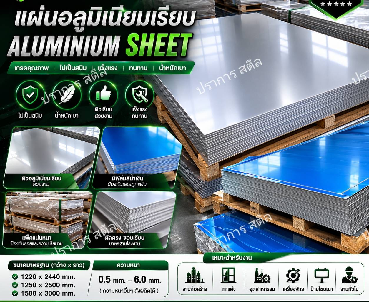 aluminium-sheet-al1100-prakarn-steel แผ่นอลูมิเนียมเรียบ AL1100 Aluminium Sheet หนา 0.5-6 มม. เกรดคุณภาพ ปราการสตีล