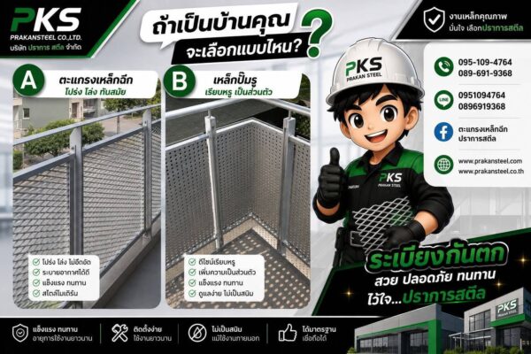 เปรียบเทียบราวกันตกตะแกรงเหล็กฉีกและราวกันตกเหล็กเจาะรู ผลิตโดยปราการ สตีล
